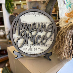 Amazing Grace Lyrics Wood Sign | Slate Gray