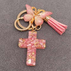 Resin Cross Butterfly Charm Keychain - Pink