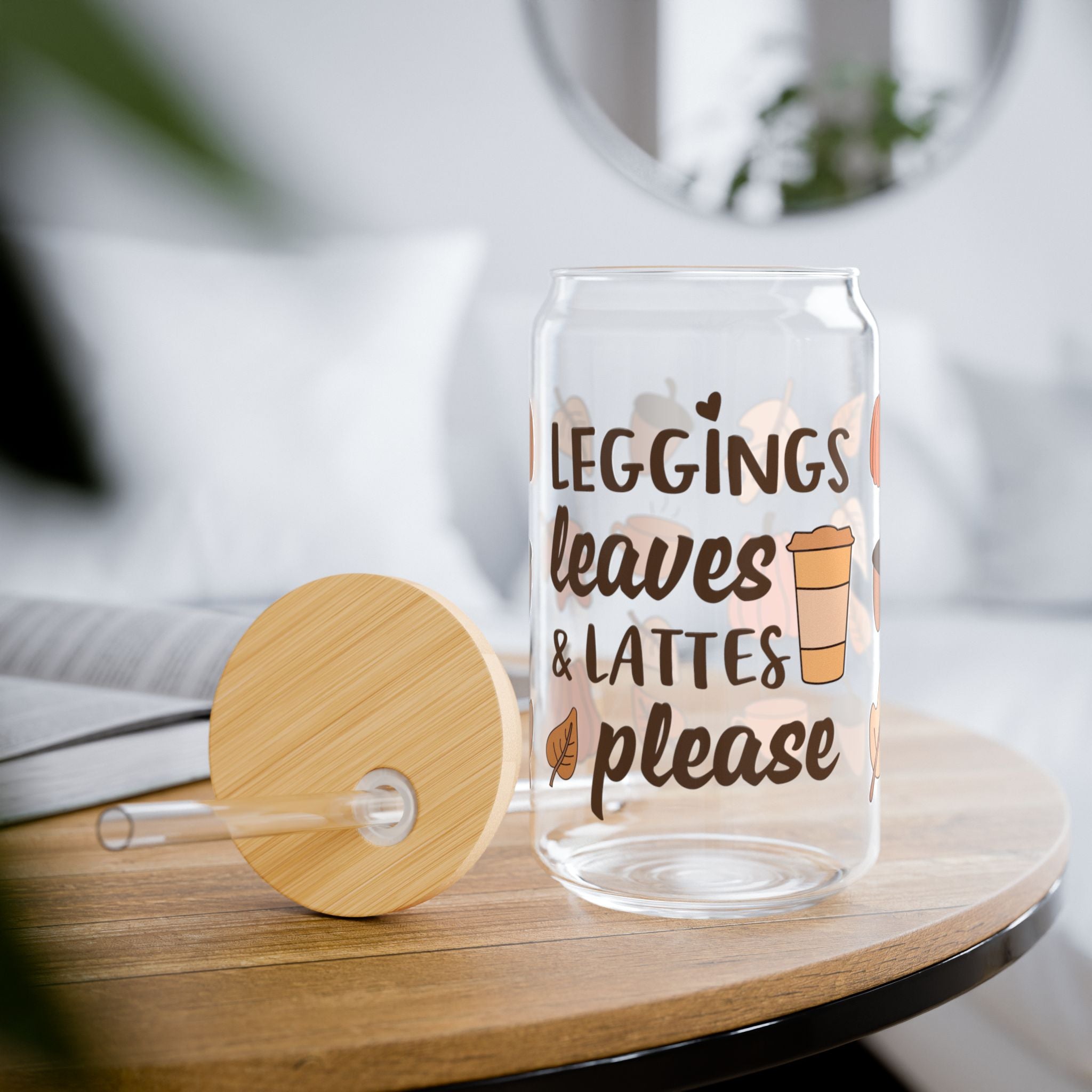 Leggings Leaves And Lattes Please Fall 16oz Glass Can