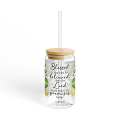 Blessed Is She Who Believed 16oz Glass Can