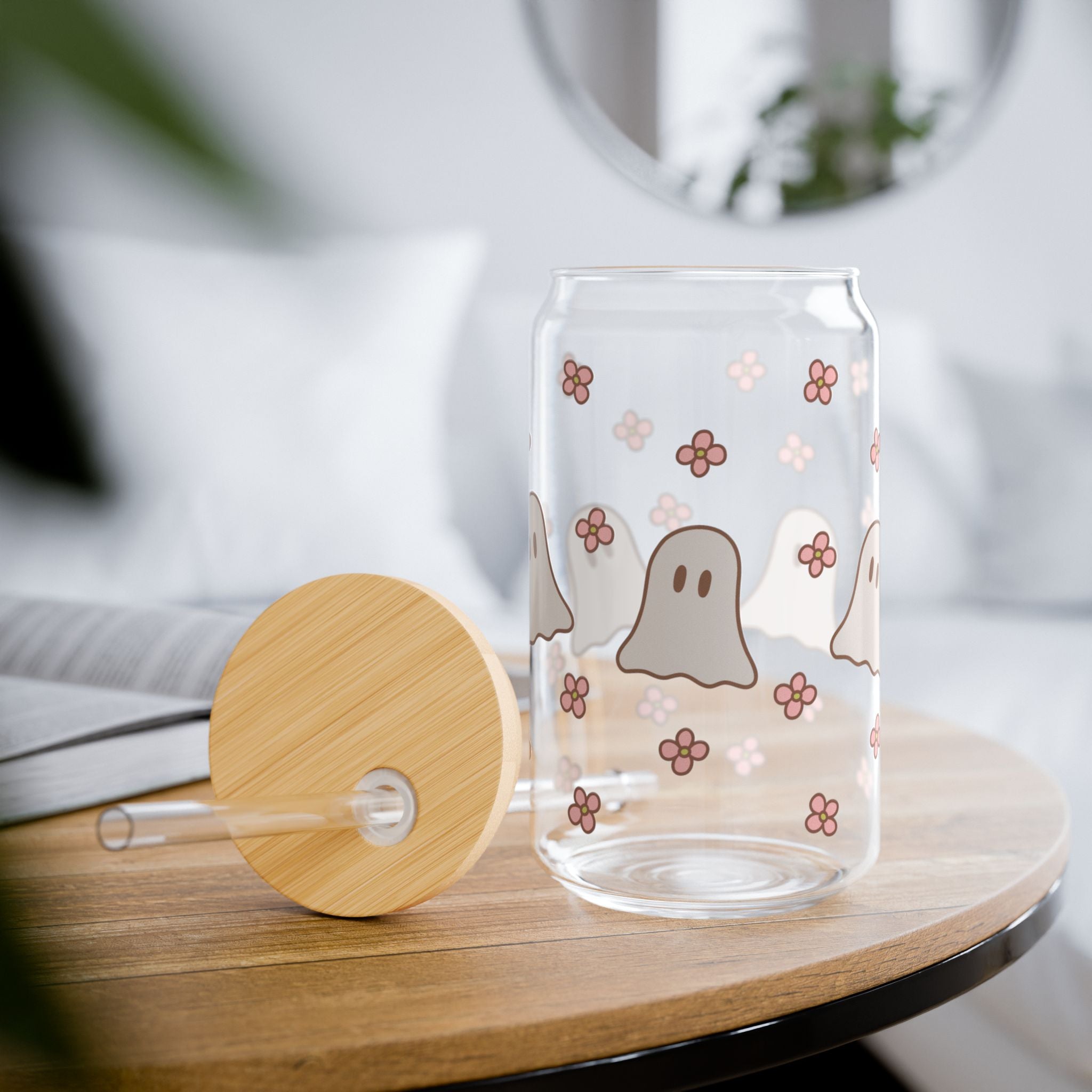 Boho Ghost Halloween 16oz Glass Can