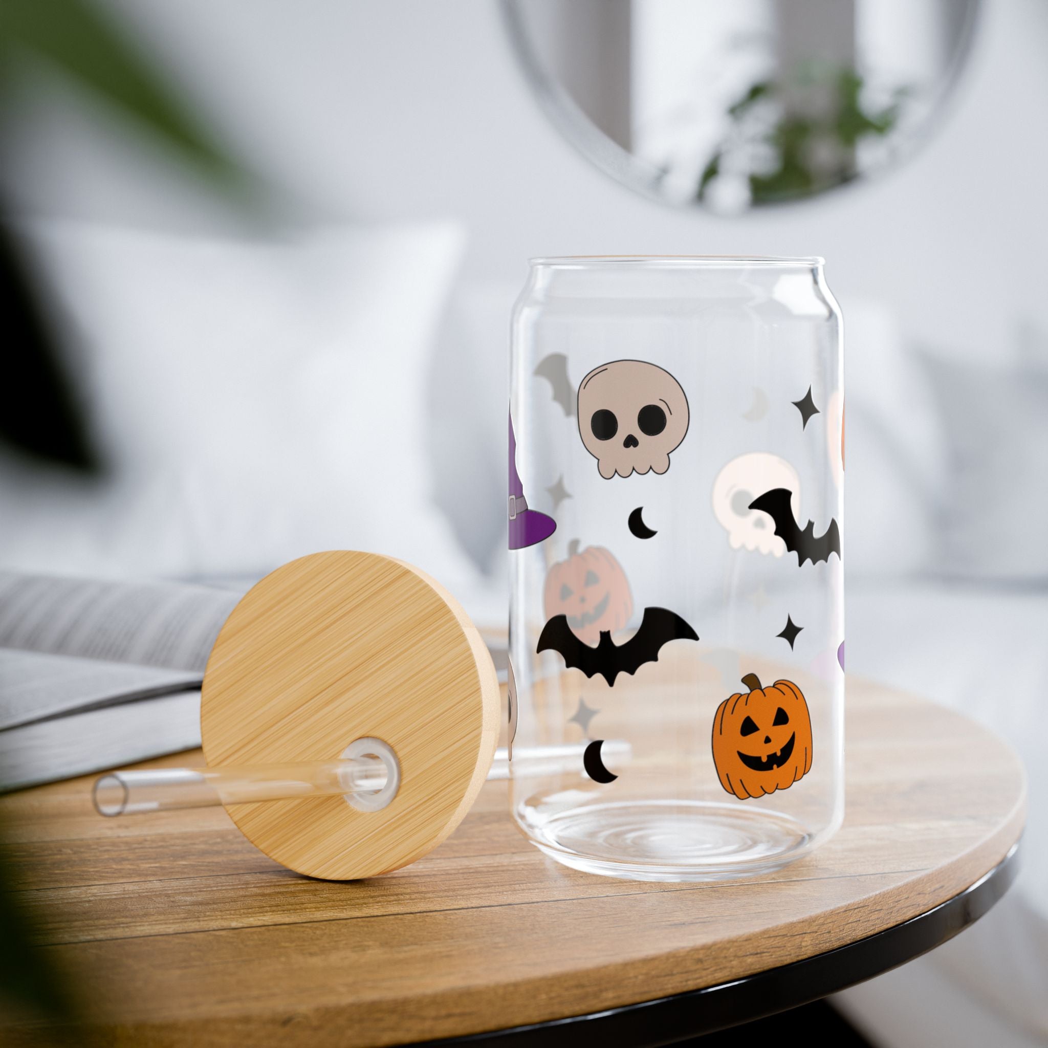 Pumpkin Skull Halloween 16oz Glass Can
