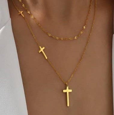 Layered Cross Necklace - Gold