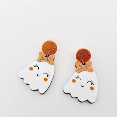 Cute White Ghost with Bow Post Earrings