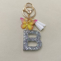 Resin Glitter Initials Keychain | Silver