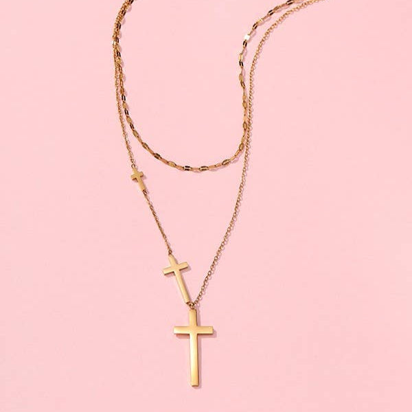 Layered Cross Necklace - Gold