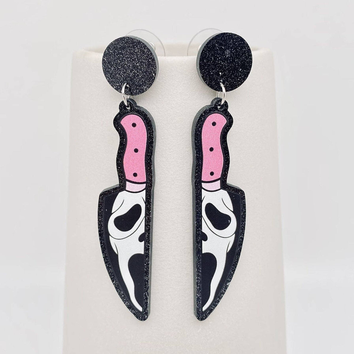 Ghost Face Pink Knife Post Earrings