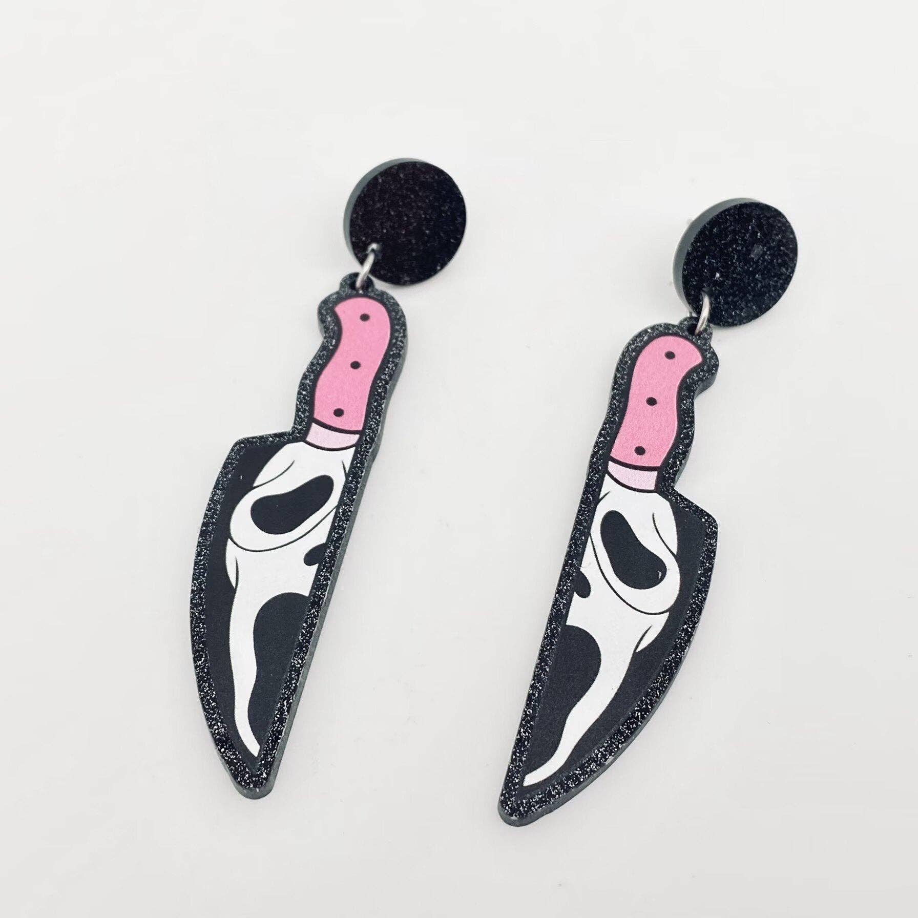 Ghost Face Pink Knife Post Earrings